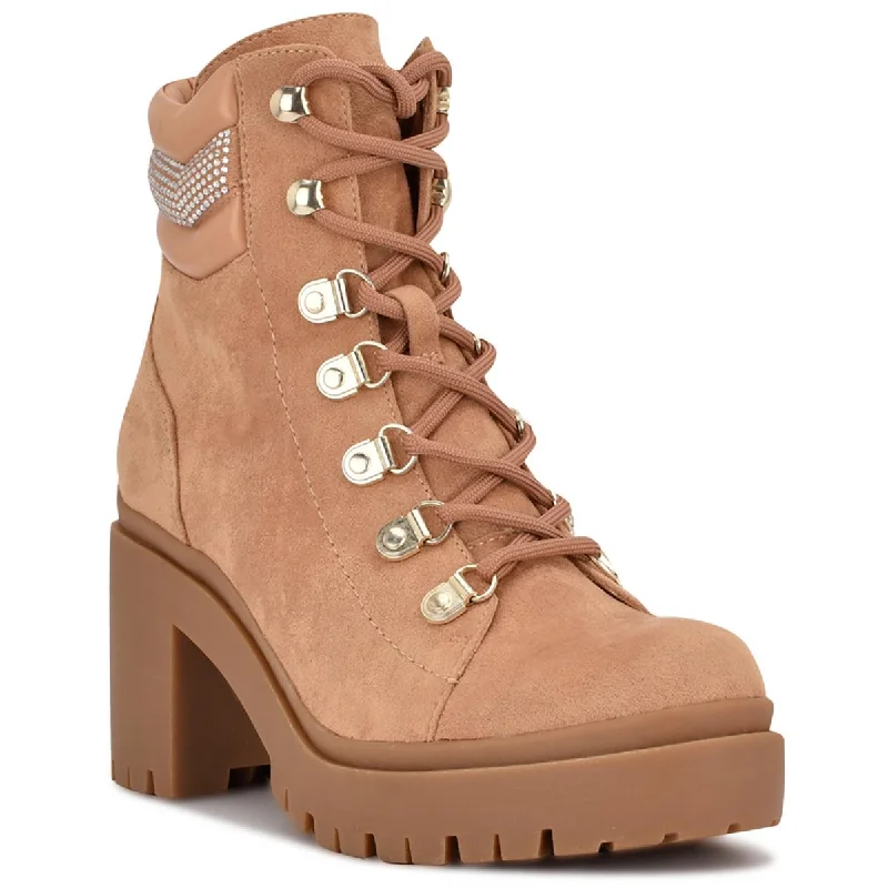 Nine West Womens QWORK2 Almond Shape Toe Chunky Heel Combat & Lace-up Boots