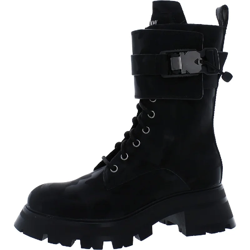 DKNY Womens Sava Leather Zipper Combat & Lace-up Boots