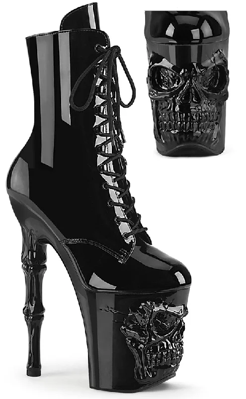 RAPTURE-1020 Black Patent Skull Boots