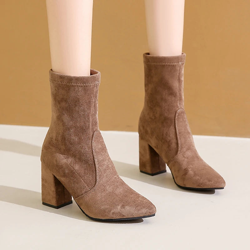 Sohiwoo Elegant Faux Suede High Heel Ankle Boots Woman Fashion Slip On Pointed Toe Dress Boots Women Office Square Heeled Short Booties