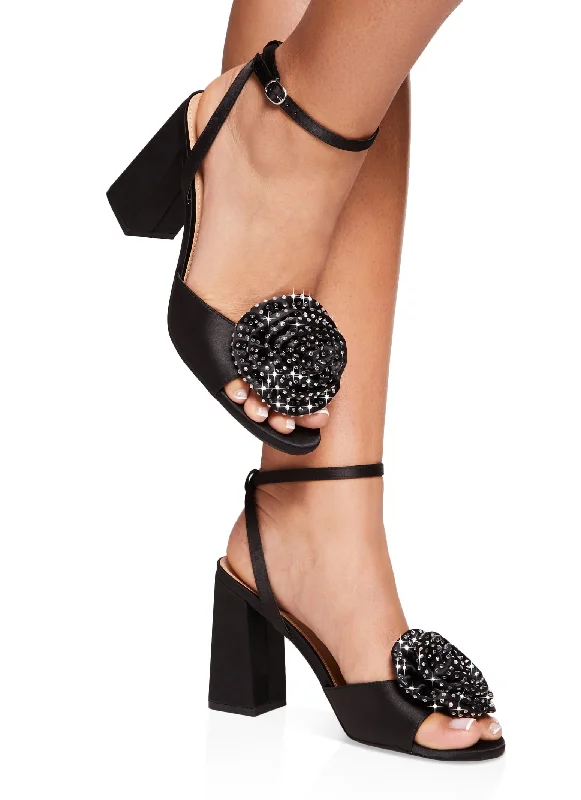 Rose Rhinestone Ankle Strap Block Heel Sandals