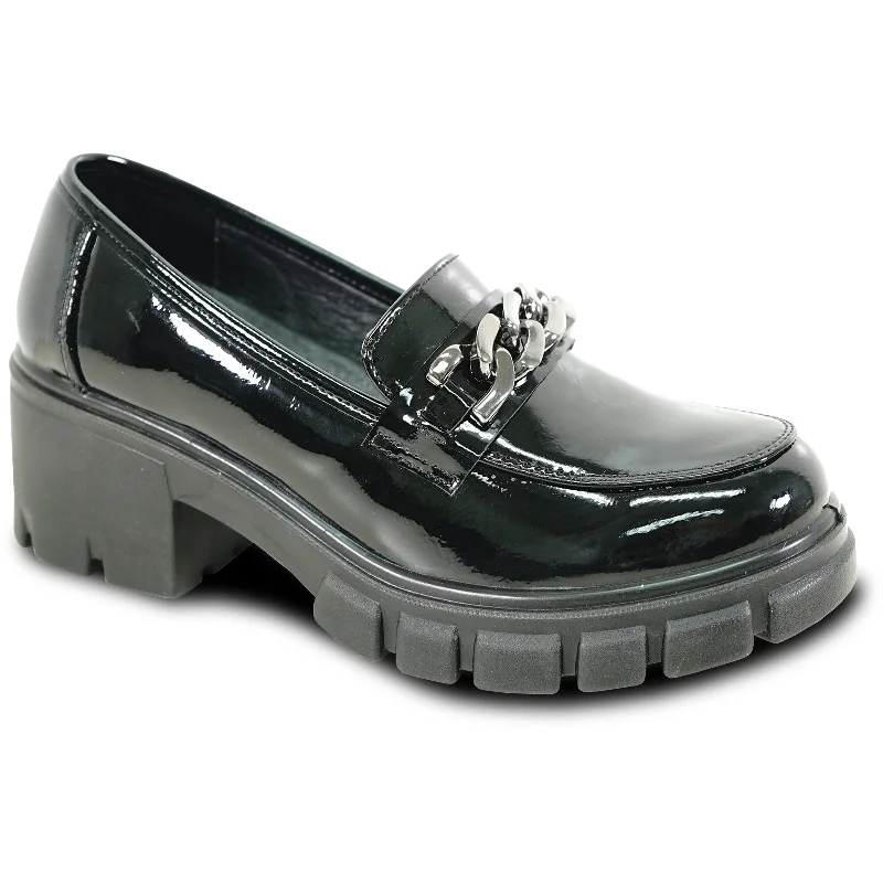 KOZI Women Comfort Dress Shoe OY3301 Platform Chunky Heel Pump Penny Loafer Slip-on Black Patent with Removable Insole
