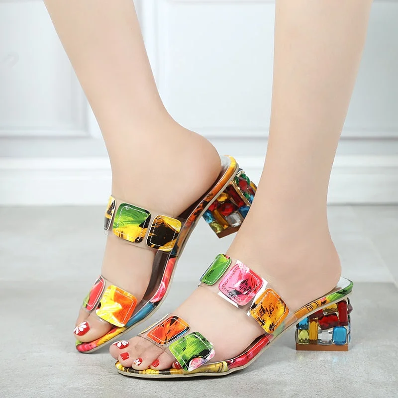 Multi Colors Sandals Fashion High Heels Open Toe Beach Flip Flops Ladies Crystal Heels Shoes Woman XWT1893
