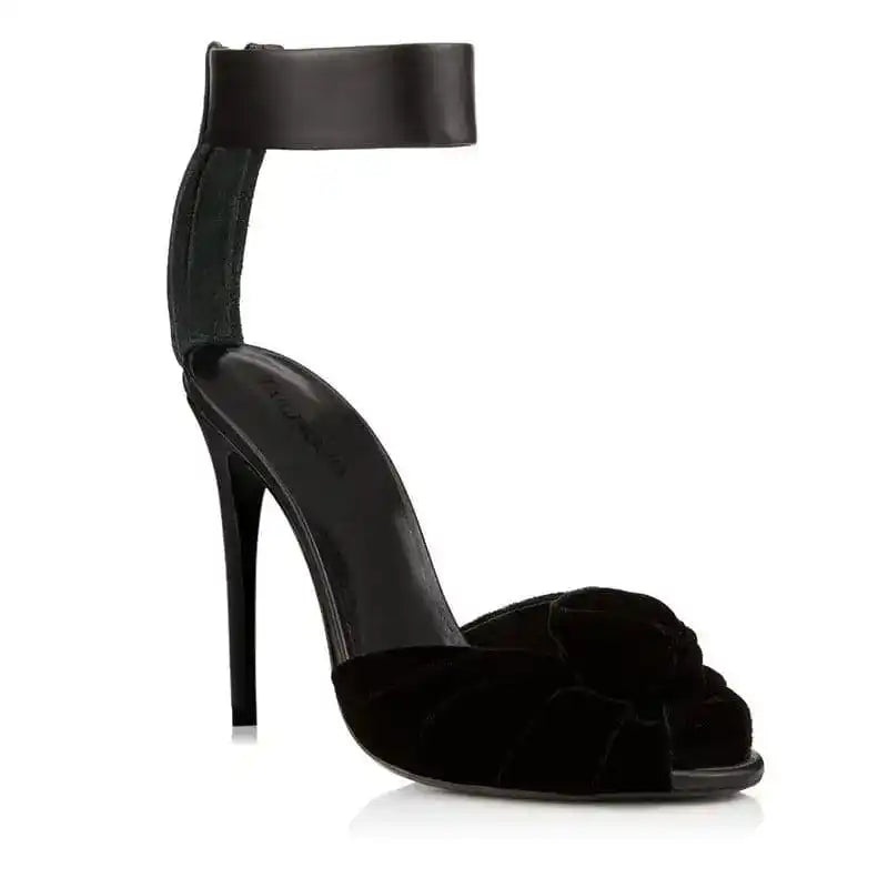 Womens Red Black Velvet Knotted High Heels Sandals, Oversized Fashion Shoes