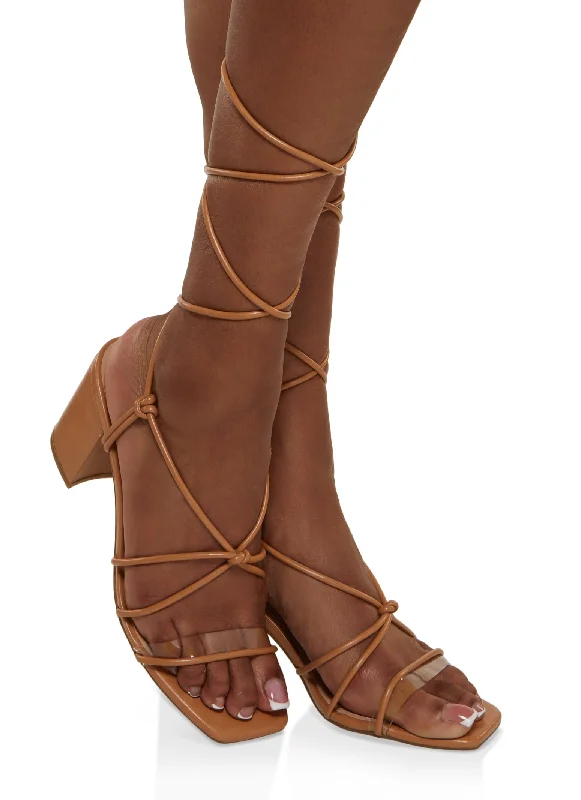 Clear Band Strappy Lace Up Block Heel Sandals