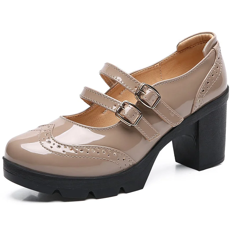 Women's Retro Style Mary Jane Round Toe High Square Heel Pumps