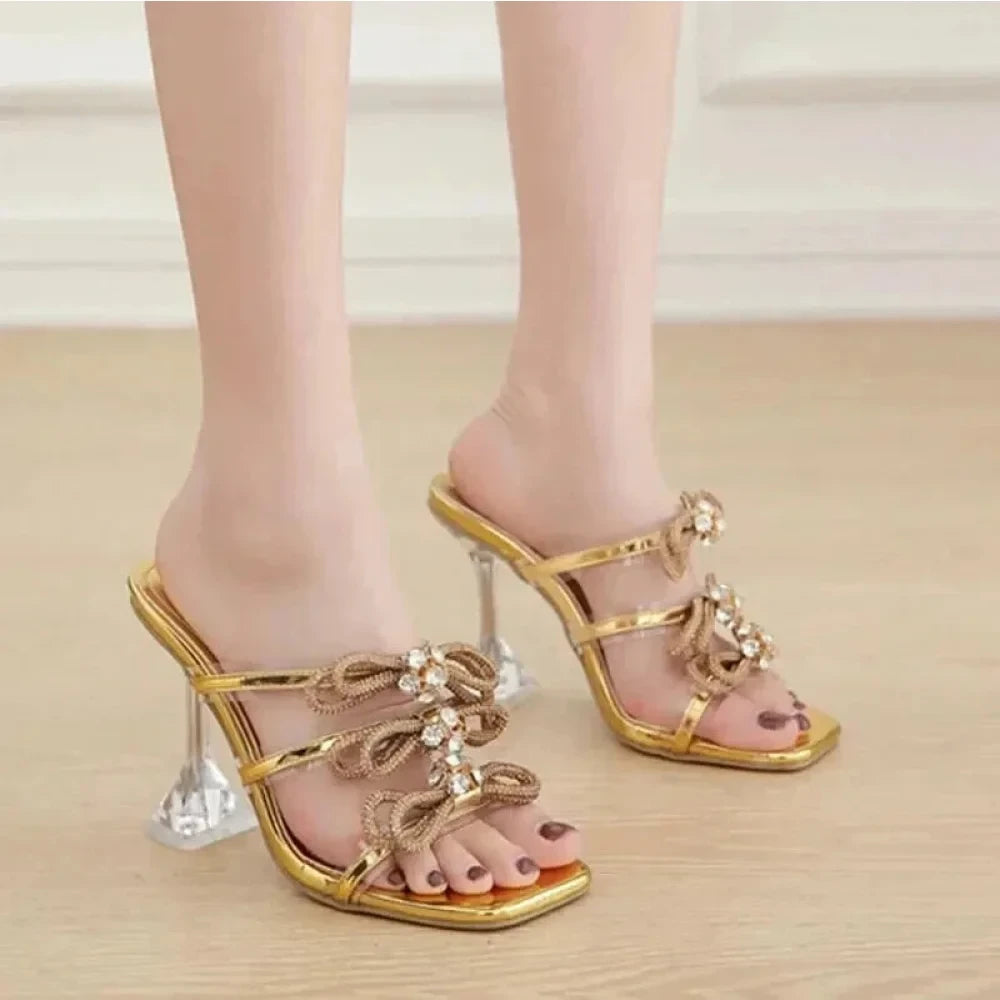 Women's Summer Open Toe Crystal Bowknot Transparent Hi-Heel Pumps