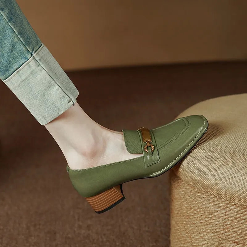 Women Loafers Genuine Leather Shoes for Women Square Toe Chunky Heel Shoes