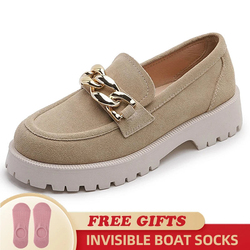 Women Loafers Fashion Chain Design Genuine Leather British Style Women