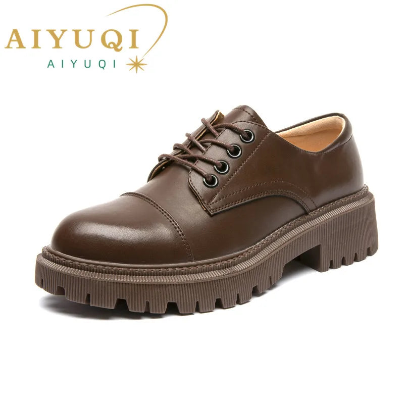 Women Loafers Shoes Genuine Leather Thick Heels Student Shoes Female