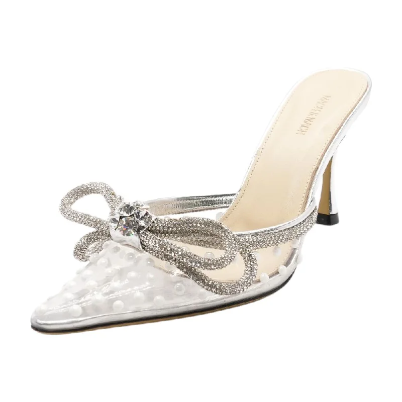 Double Bow Faux-Pearl Embellished Clear Mules