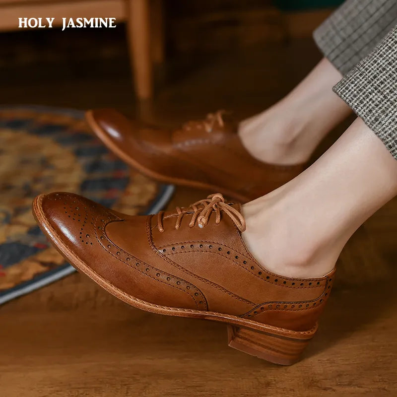 Lace-Up Brogue Shoes for Women Vintage Oxfords Flat Shoes Woman Cowhide Lady