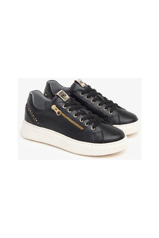 NeroGiardini Leather/Gold Detail Platform Sneakers I411600D | Nero (Black)