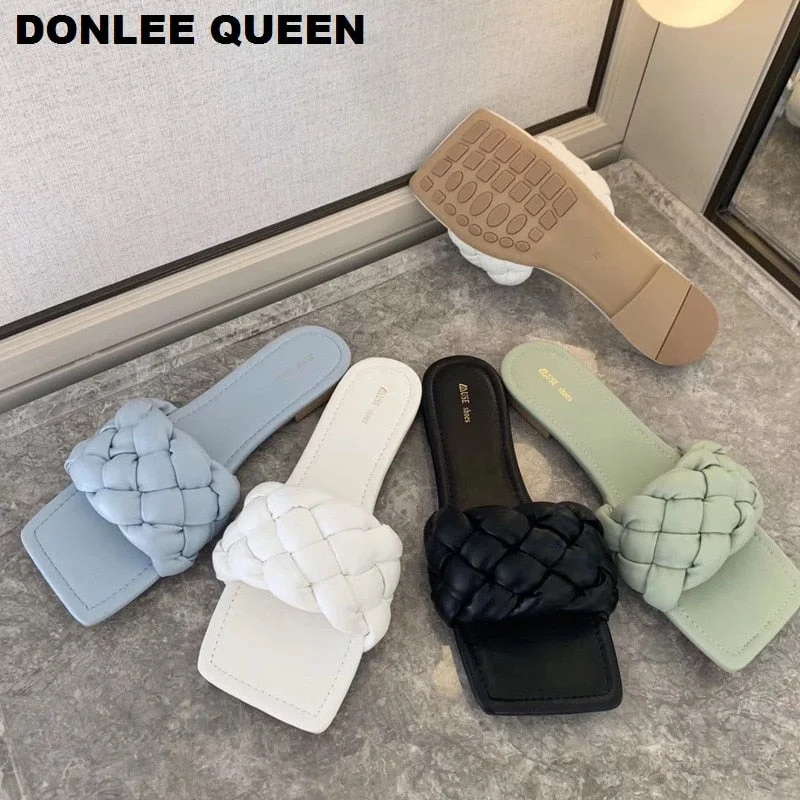 Slippers Women Square Toe Flat Casual Shoes Women Slide Summer Flip Flops