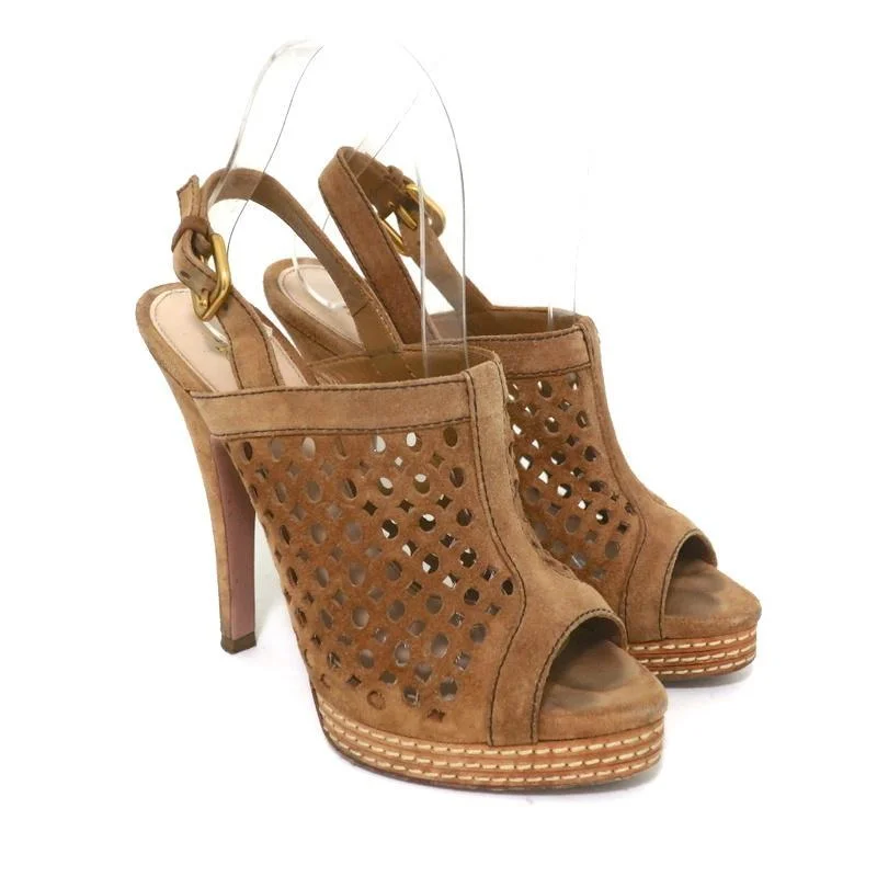 Prada Peep Toe Slingback Sandals Brown Laser Cut Suede Size 37 Platform Heels