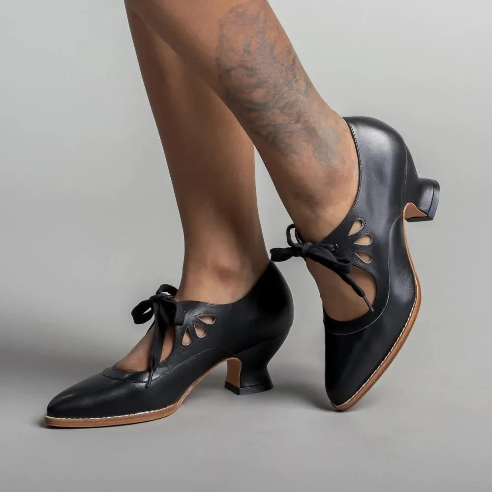 Retro Mary Jane Pumps Woman Vintage Lace Up Low Heel Dress Zapatos Ladies
