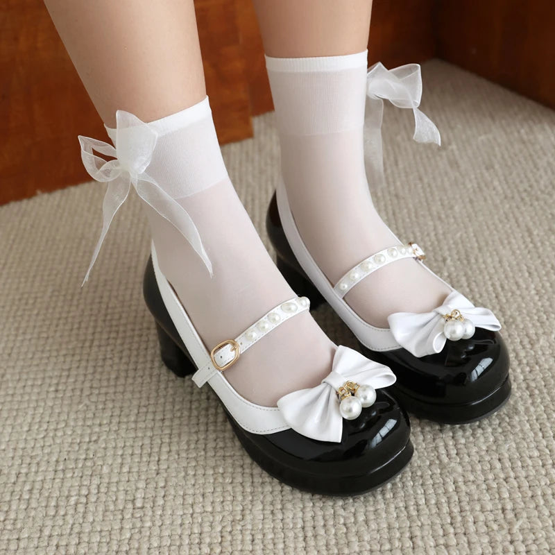 Sohiwoo 2024 New Women Round Toe Pumps Patent Leather Pearls Bow Buckle Cute Lolita Girls Shoes Platform Block Heels Mary Jane Shoes 48