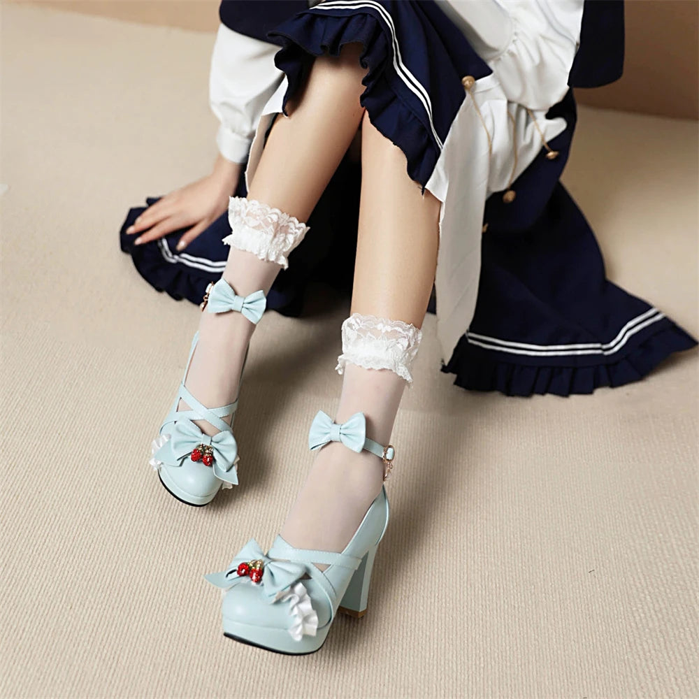 Sohiwoo 2024 Summer Ladies Platform Cute Bow Lace Princess Mary Jane Sweet Girls Lolita Shoes Party High Heel Buckle Women Pumps 31-43
