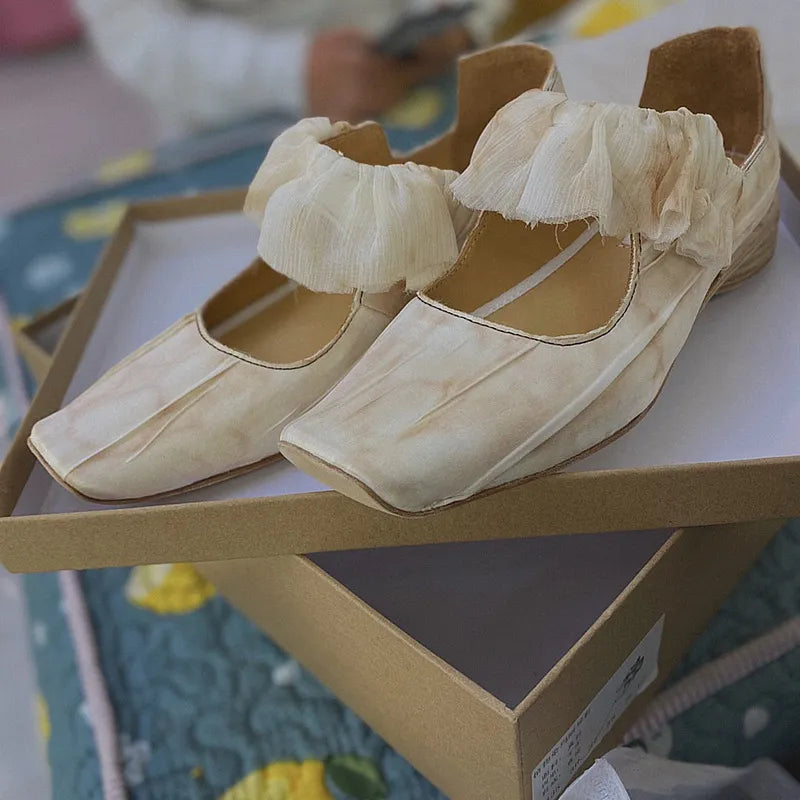 Sohiwoo  Autumn New Genuine Leather Square Headed Small Crowd Flat Heel Shoes Women's Retro Silk Satin Polished Mary Jane Shoes