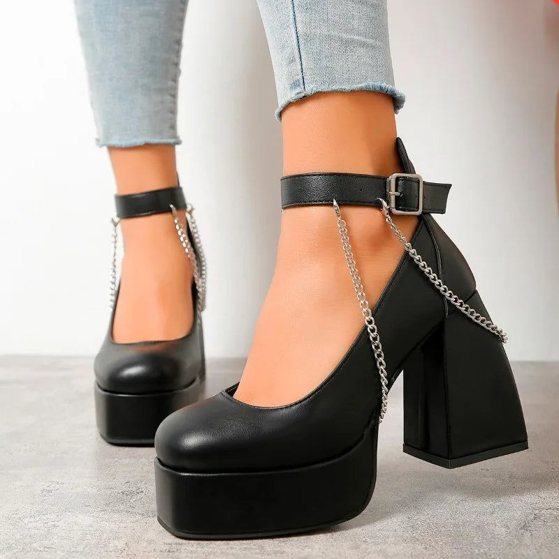 Sohiwoo Big Size 42 Brand New Great Quality Block High Heel Chunky Platform Shoes Spring Summer Sexy Goth Mary Jane Footwear Pumps