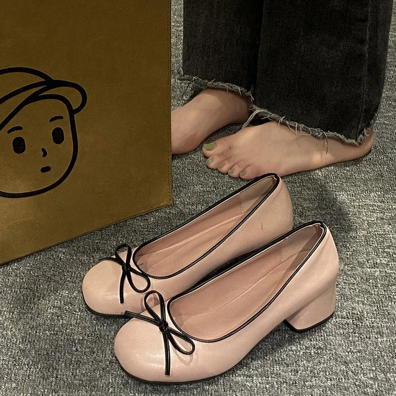 Sohiwoo Designers Butterfly-knot Women Pumps Fashion Shallow Slip On Thick Low Heel Sandalias Ladies Elegant Outdoor Mary Jane Shoes
