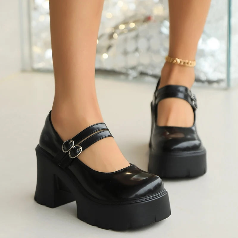 Sohiwoo Double Buckle Chunky Platform Pumps Women 2024 Spring Vintage High Heels Mary Jane Shoes Woman Black White Party Shoes Ladies