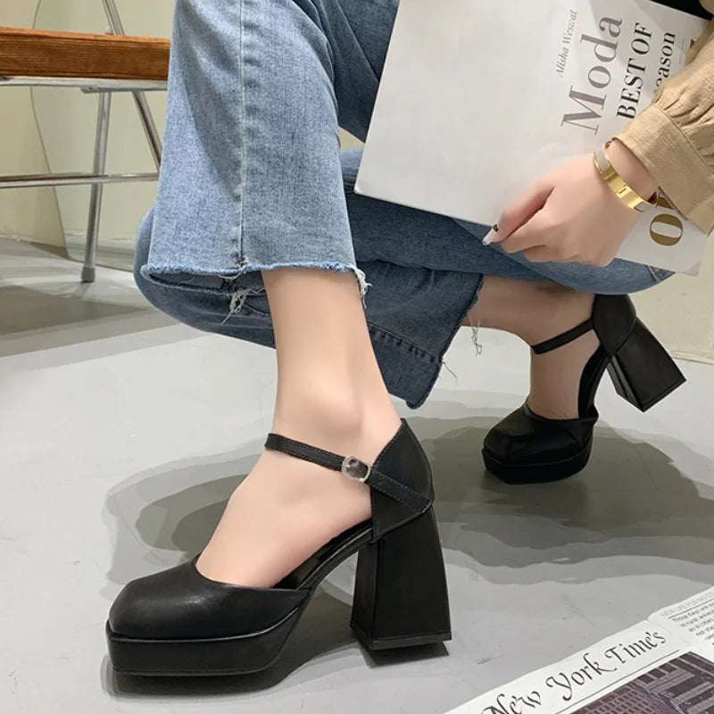 Sohiwoo Fashion Ankle Strap Platform Pumps for Women Square Toe High Heels Mary Jane Shoes Woman High Quality Thick Heeled Party Shoes