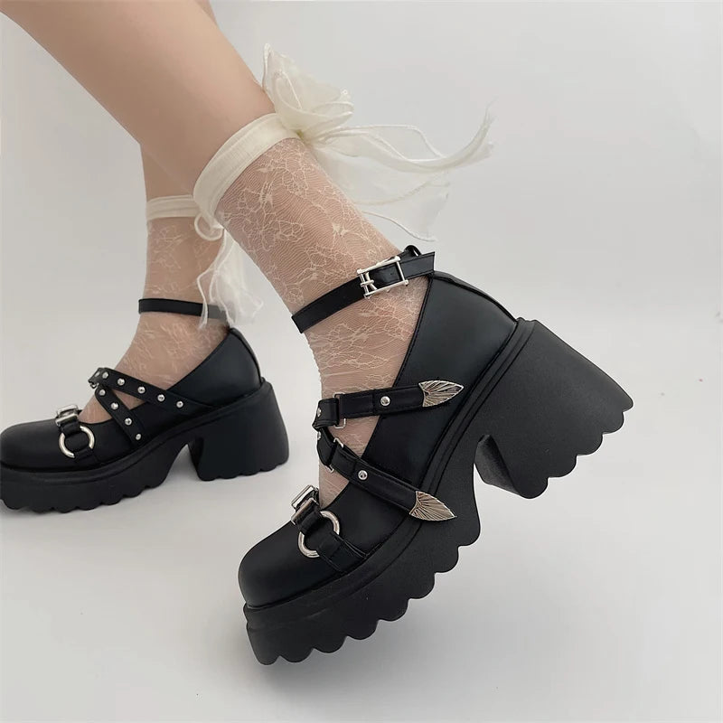Sohiwoo Fashion Rivet Gothic Punk Shoes for Women Cross Strap Platform Mary Janes Woman Metal Decoration Thick Heels Lolita Shoes