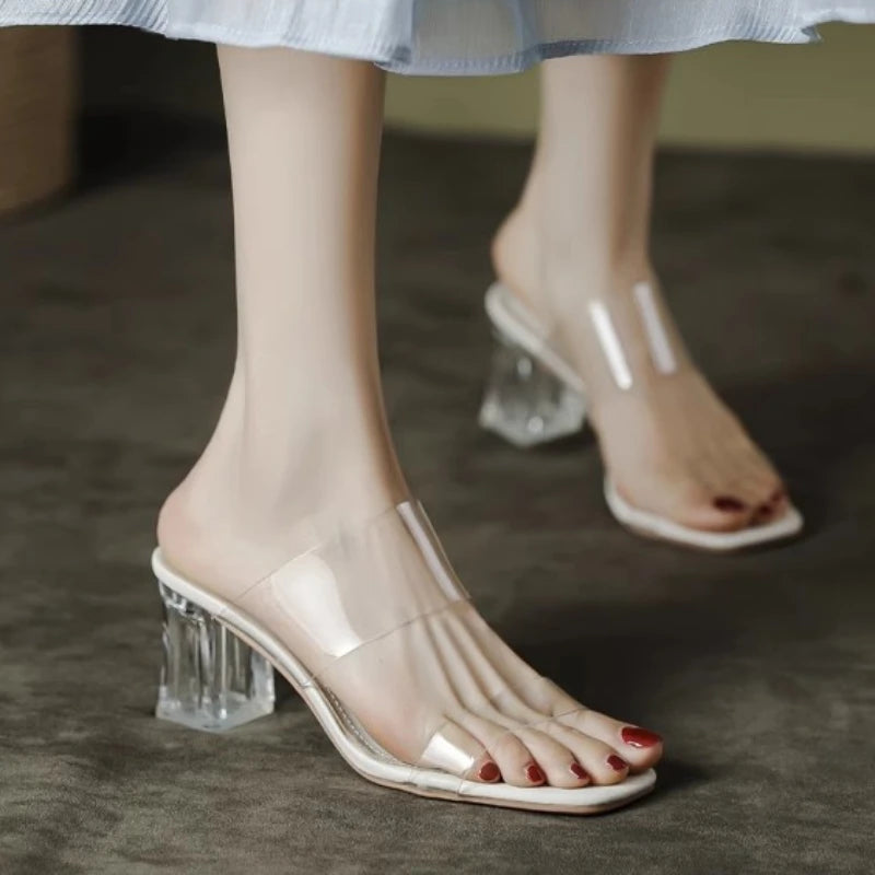Sohiwoo Fashion Shoes for Women Leisure Slippers Women Basic Slides Casual Transparent Square Mid Heels Platform Slippers Plus Size