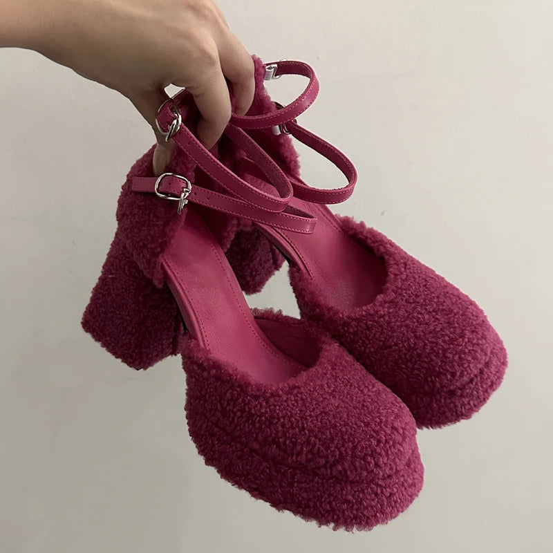 Sohiwoo Fluffy Fur High Heels Pumps Women 2024 Spring Ankle Straps Red Mary Jane Shoes Woman Chunky Platform Thick Heeled Party Shoes