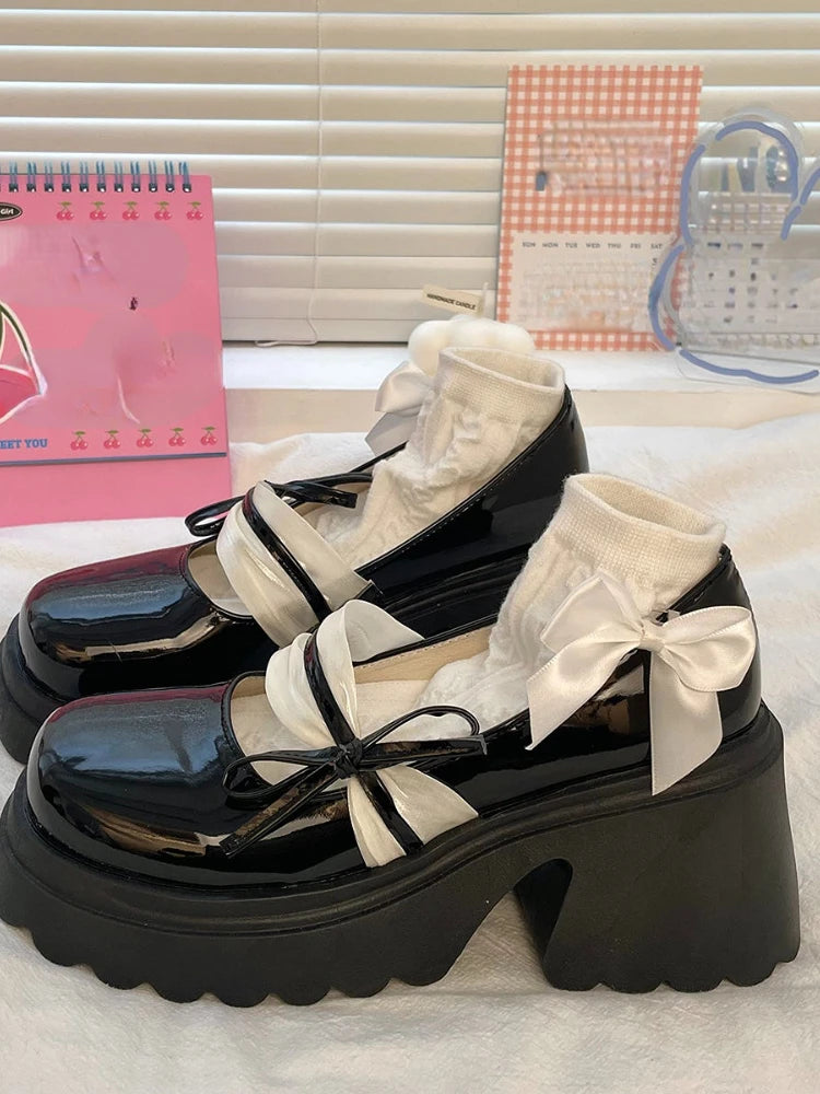 Sohiwoo Japanese Style Lolita Mary Janes Shoes Women Vintage Slip-on Sweet Pumps Shoes Female Solid Casual Bow Chic Square Heel Shoes