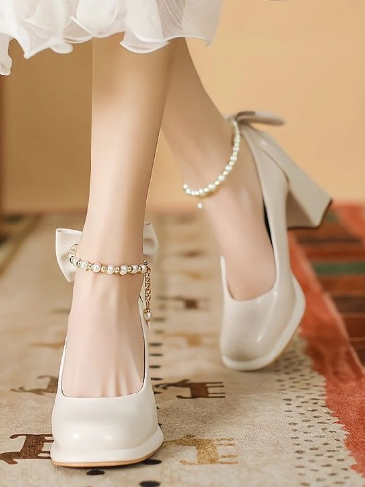 Sohiwoo Kawaii Pure Color Shoes Women Casual Buckle French Elegant Pumps Office Lady Party Mary Janes Shoes Medium Heels  Summer