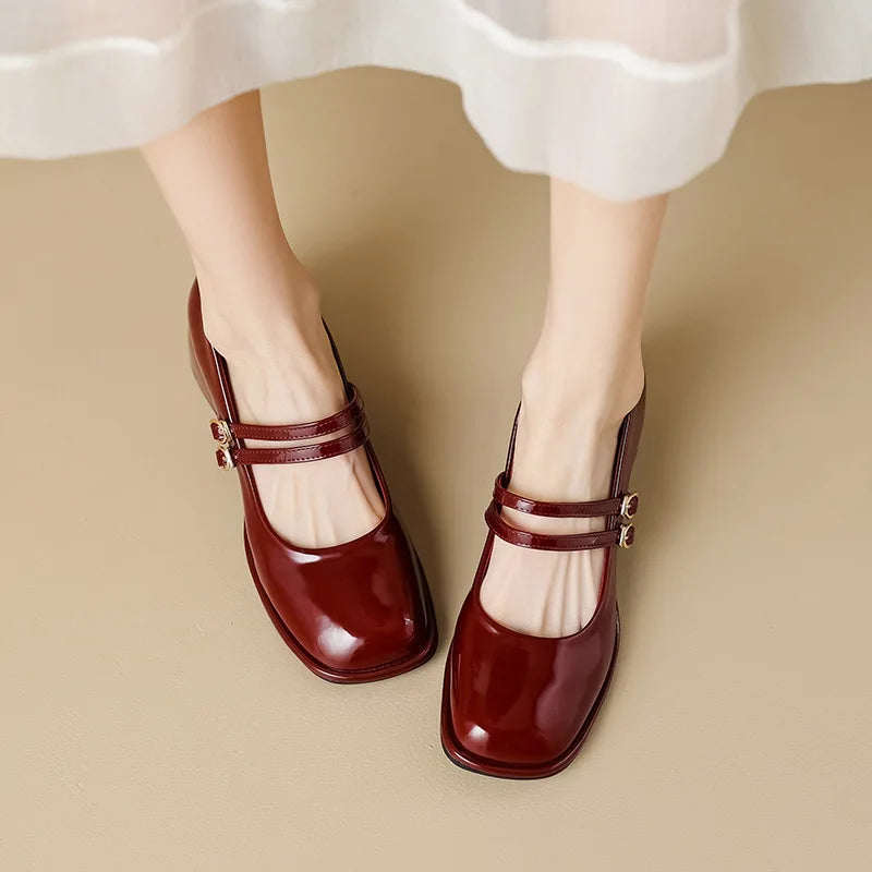 Sohiwoo Large Size 34-43 Mary Jane Shoes Women Block Heel Patent Leather Black Shoes