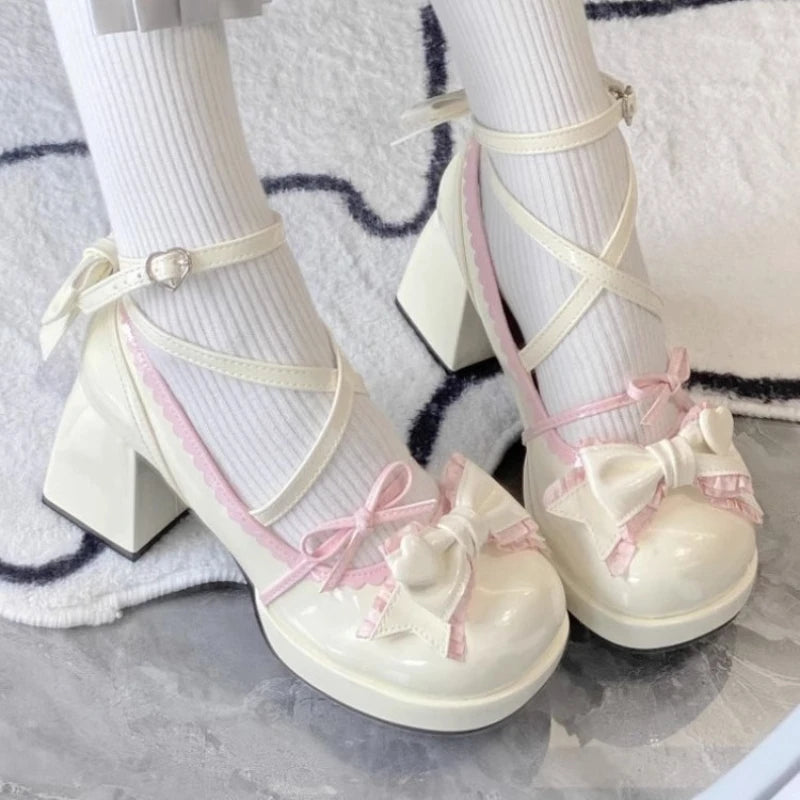 Sohiwoo Mary Janes Kawaii High Heels Shoes Lolita Japanese Style Fashion Platform Pumps Outwear Casual Cute Shoes Bow Design  Winter