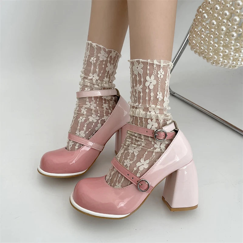 Sohiwoo Mix Color Mary Janes Women Round Toe Square Heels Lolita Shoes Woman Ankle Strap High Heeled Pumps Patent Leather Party Shoes