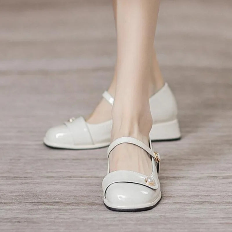 Sohiwoo New Women's High Heels Shoes Chunky Heel Design Ladies Casual Party Work Wear White Mary Jane Leather Shoes Low Heels Shoes