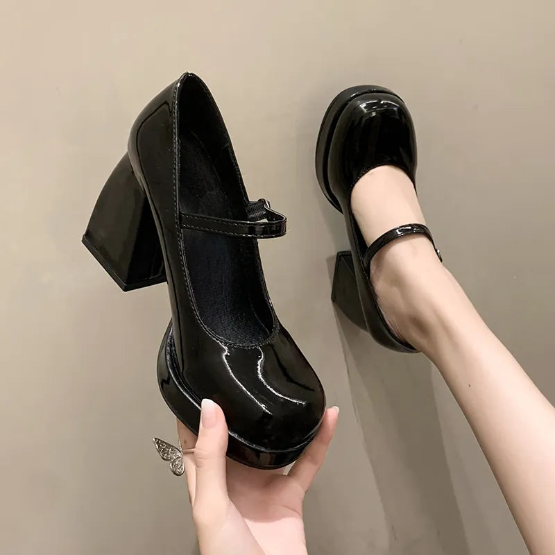 Sohiwoo Patent Leather High Heels Mary Janes Women Round Toe Ankle Buckle Platform Pumps Woman Stable Thick Heel Black Party Shoes