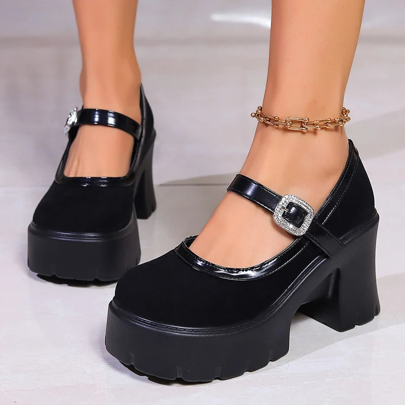 Sohiwoo Punk Gothic High Heels Mary Jane Shoes Women 2024 Spring Crystal Ankle Straps Chunky Platform Pumps Thick Heeled Party Shoes