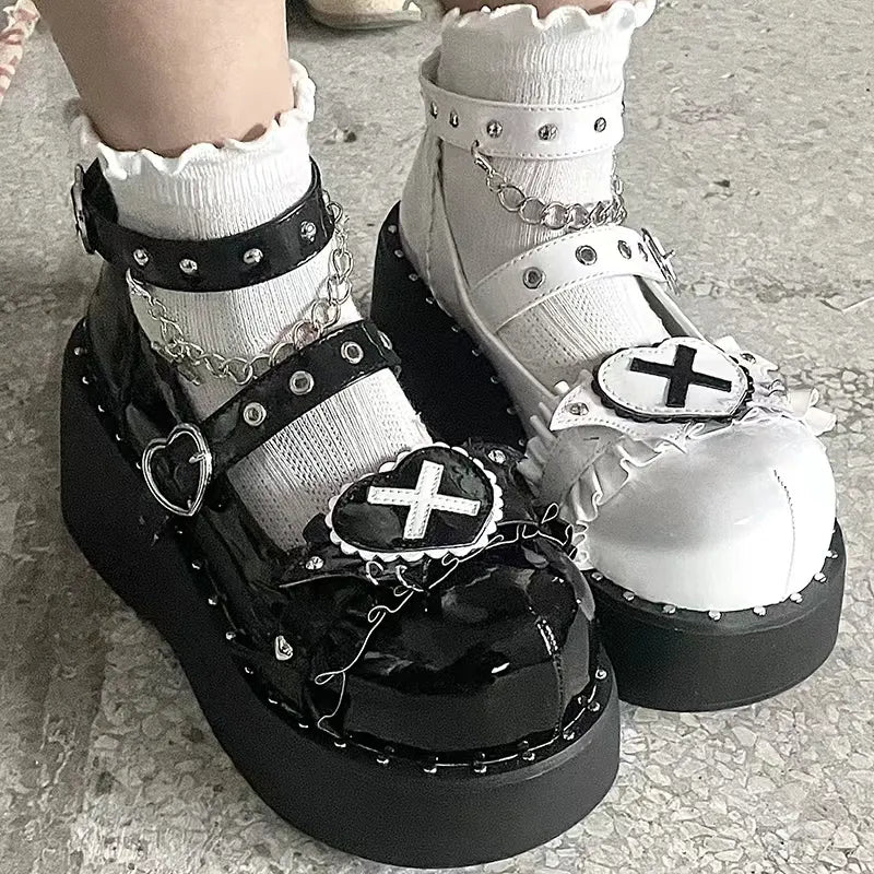 Sohiwoo Punk Metal Chain Platform Lolita Shoes Women Patent Leather Mary Jane Shoes Woman Japanese Style Flat Heels Ankle Straps Shoes