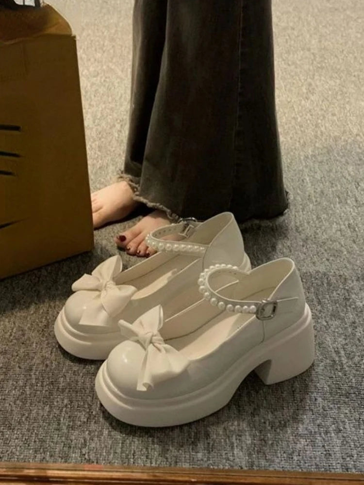 Sohiwoo Round Toe Kawaii Lolita Shoes Woman Casual Elegant Pure Color Bow Pumps Non-slip Korean Style Medium Heel Shoes Chic Summer