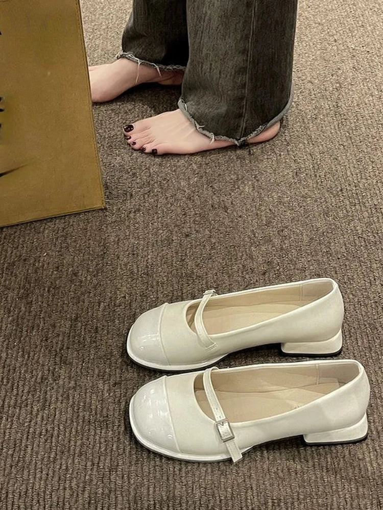 Sohiwoo  Summer Korean Basic Elegant Solid Shoes Women Comfort Vintage Low Heels Pumps Office Lady Mary Janes Shoes Causal Fashion