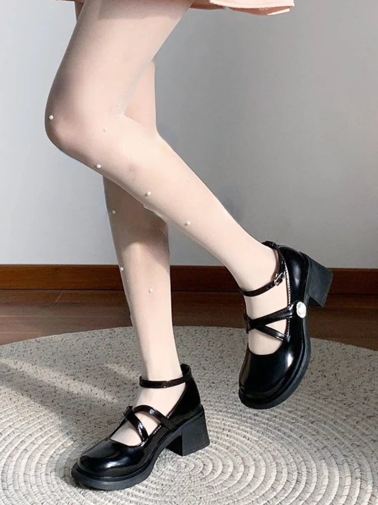 Sohiwoo  Summer Korean Vintage Mary Janes Shoes Office Lady Causal Fashion Party Shoes Pure Color Elegant Shoes Women Medium Heel