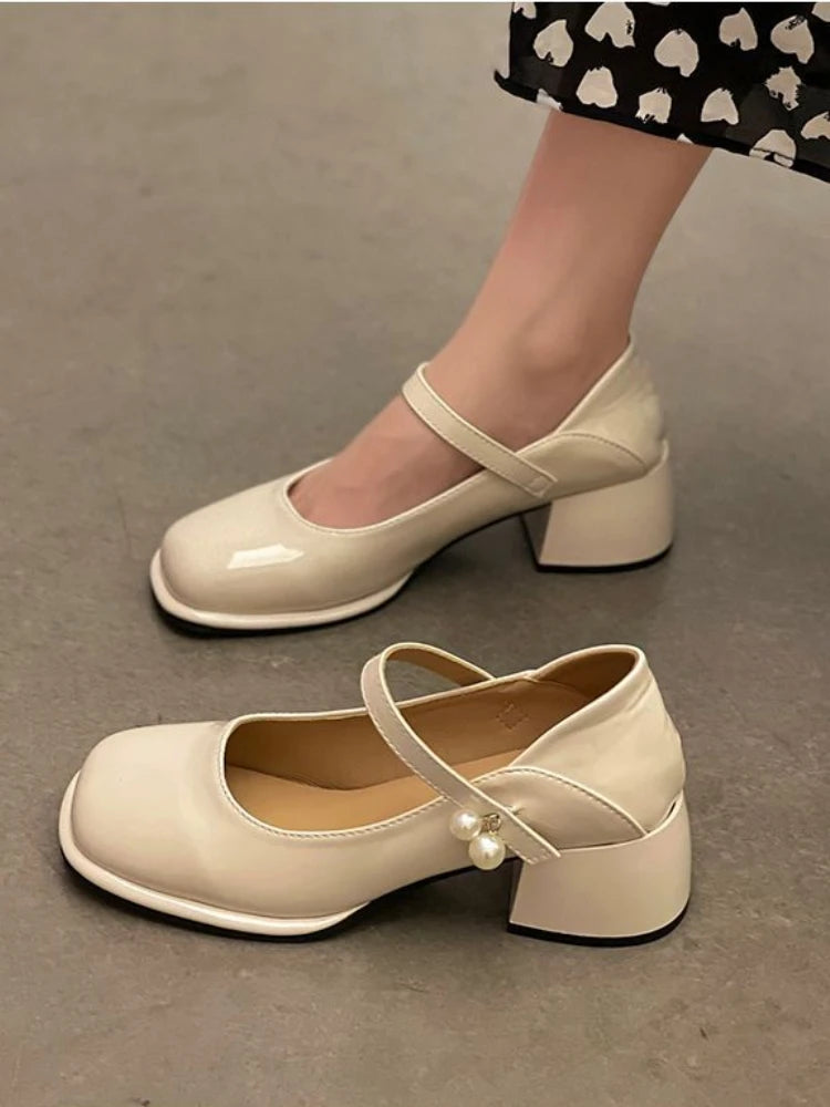 Sohiwoo  Summer Pure Color Fashion Party Shoes Non-slip Vintage Korean Style Shoes Office Lady Casual Elegant Heels Mary Janes Chic