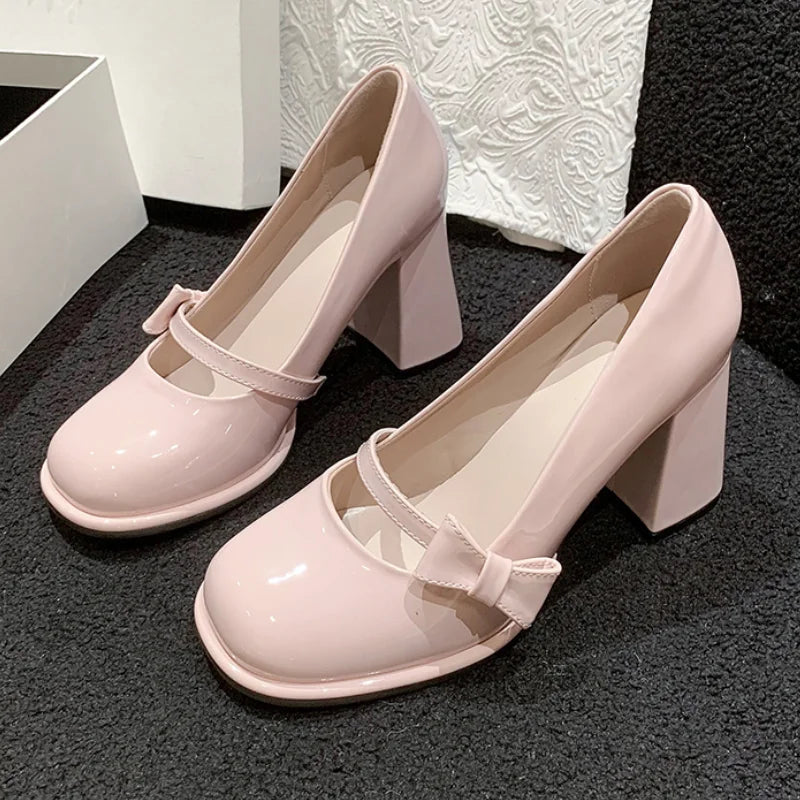Sohiwoo Sweet Bowknot High Heels Mary Janes Women Cute Round Toe Patent Leather Pumps Woman Slip-On Square Heeled Bow Party Shoes Ladies