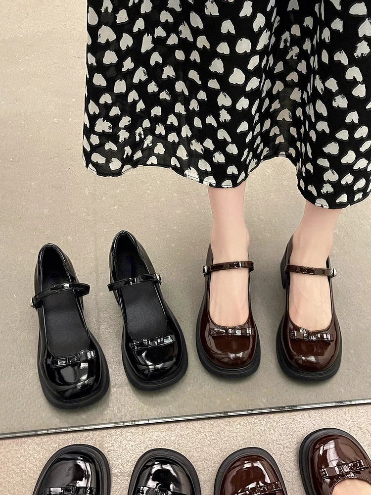 Sohiwoo Vintage Black Mary Janes Shoes Women Non-Slip Casual Medium Heel Pumps Office Lady Solid Elegant Buckle Shoes Korean Summer