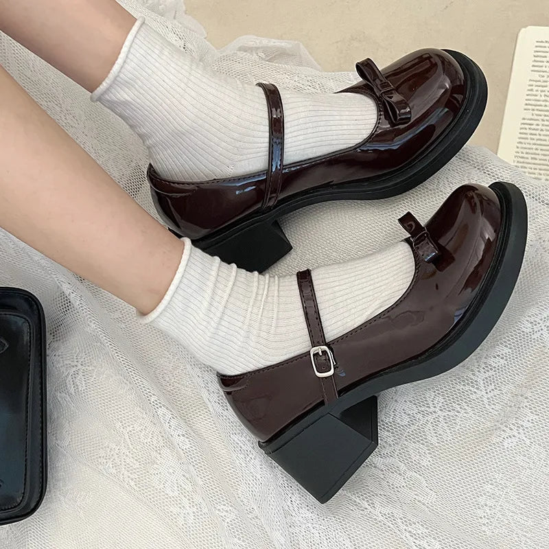 Sohiwoo Vintage High Heel Mary Jane Shoes for Women 2023 New Summer Bow Brown Round Head English Style Small Leather Shoes