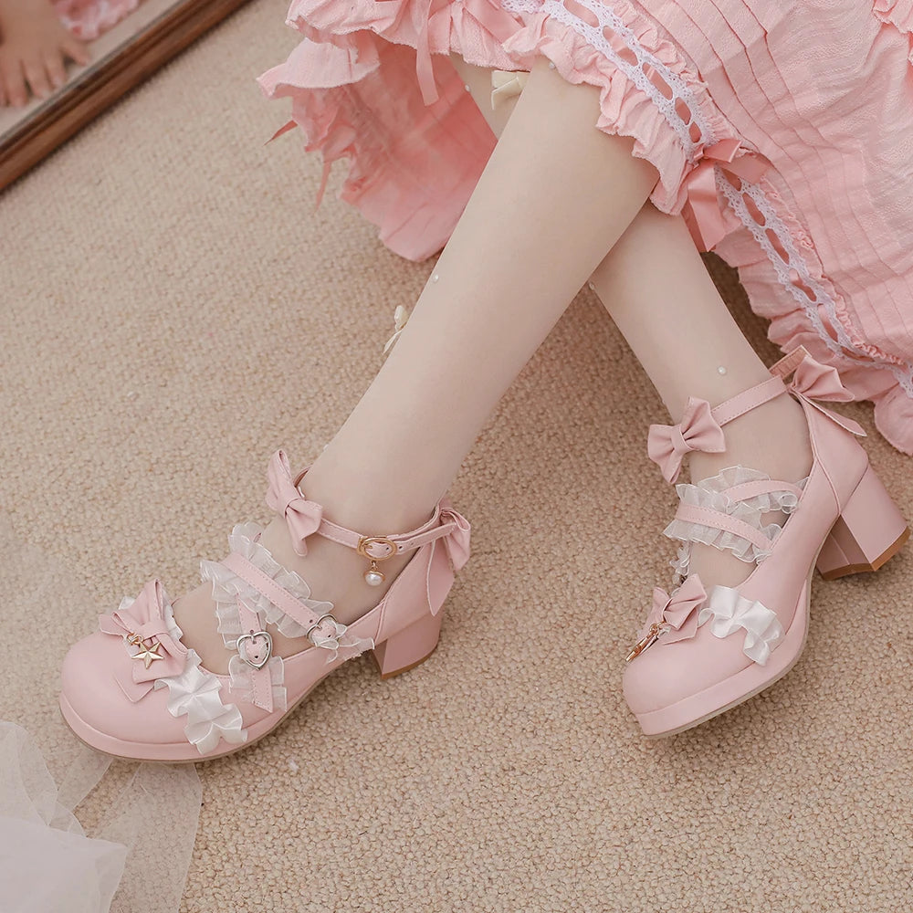 Sohiwoo Women High Heels Mary Jane Pumps Cross Strap Wedding Tea Party White Pink Black Ruffles Bow Maid Princess Cosplay Lolita Shoes