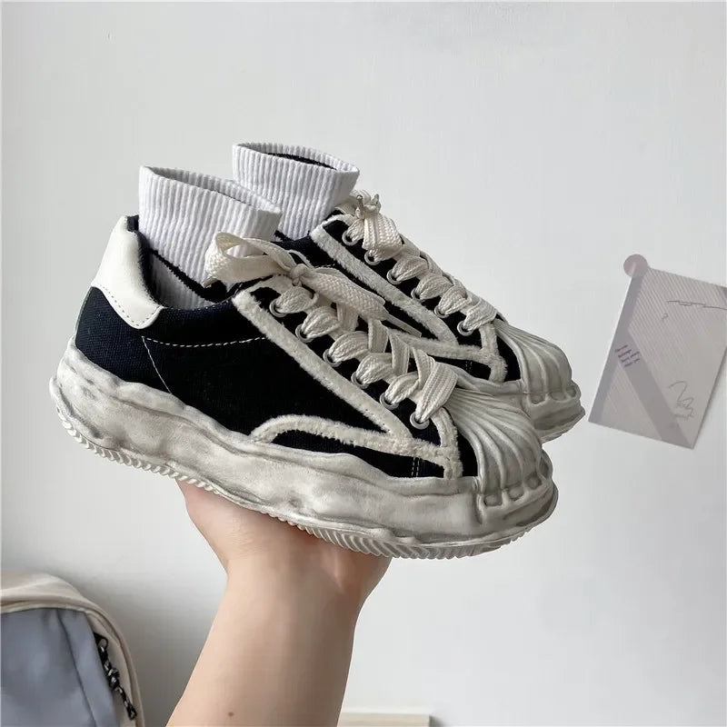 Sohiwoo Women's Canvas Sneakers Dirty Shoes New Student Canvas Thick Dissolving Heels White Shoes Lace Up Sports Shoes for Women Sohiwoo Women's Canvas Sneakers Dirty Shoes New Student Canvas Thick Dissolving Heels White Shoes Lace Up Sports Shoes for Women