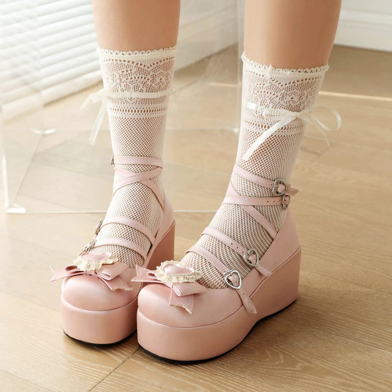 Sohiwoo Women's Mary Jane Shoes Harajuku Heart Black Pink Wedge Heels Platform Pumps Lolita Ladies Female Cross Strap Kawaii Sweet Shoes