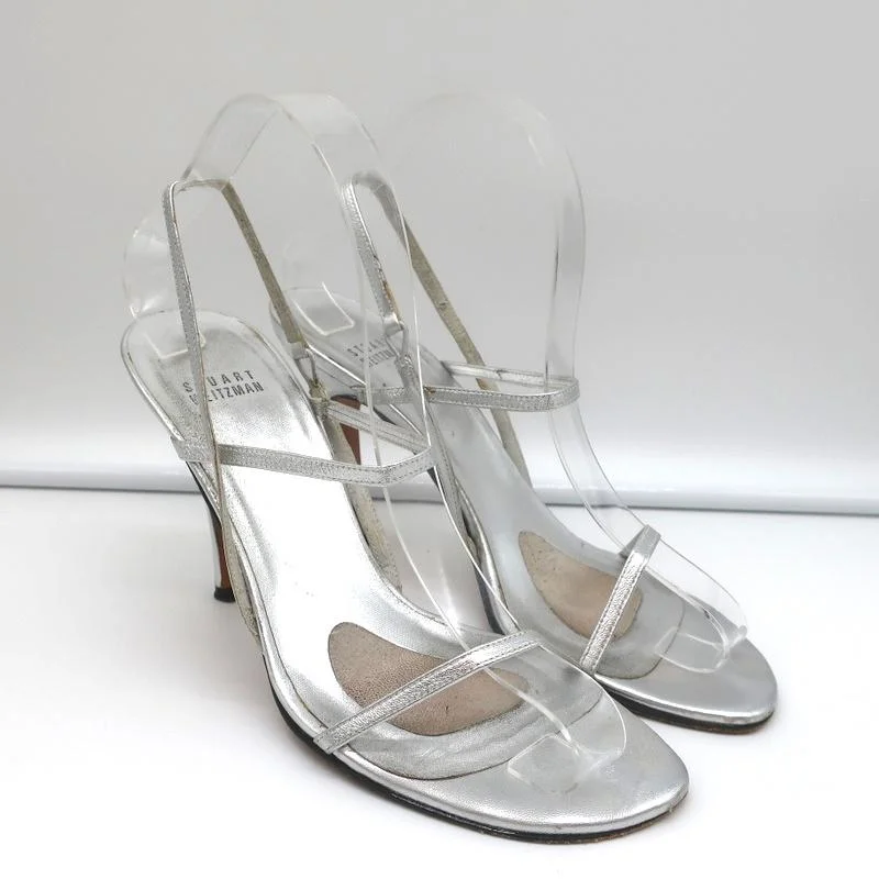 Stuart Weitzman Ankle Strap Sandals Silver Metallic Leather Size 8 Open Toe Heel